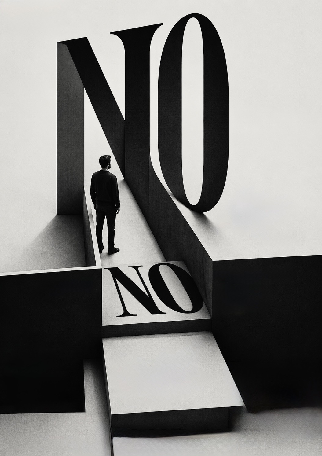 A lone figure walks along a narrow raised path between monumental letters spelling ‘NO’, another ‘NO’ set into the floor below — the word arriving and being overtaken.