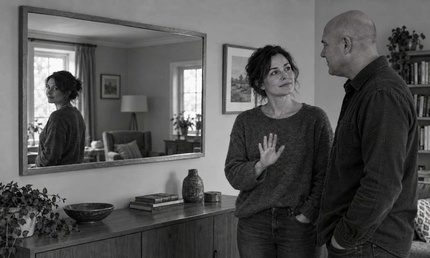 A woman raises a relaxed open hand beside a bald, clean-shaven man in a sitting room; a large wall mirror reflects her and the room but shows empty space where the man should appear.