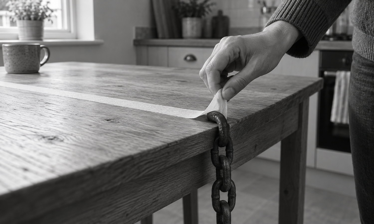 An adult hand lifts the end of a long strip of masking tape from an oak kitchen table, revealing one heavy iron chain hanging from the paper over the table edge.