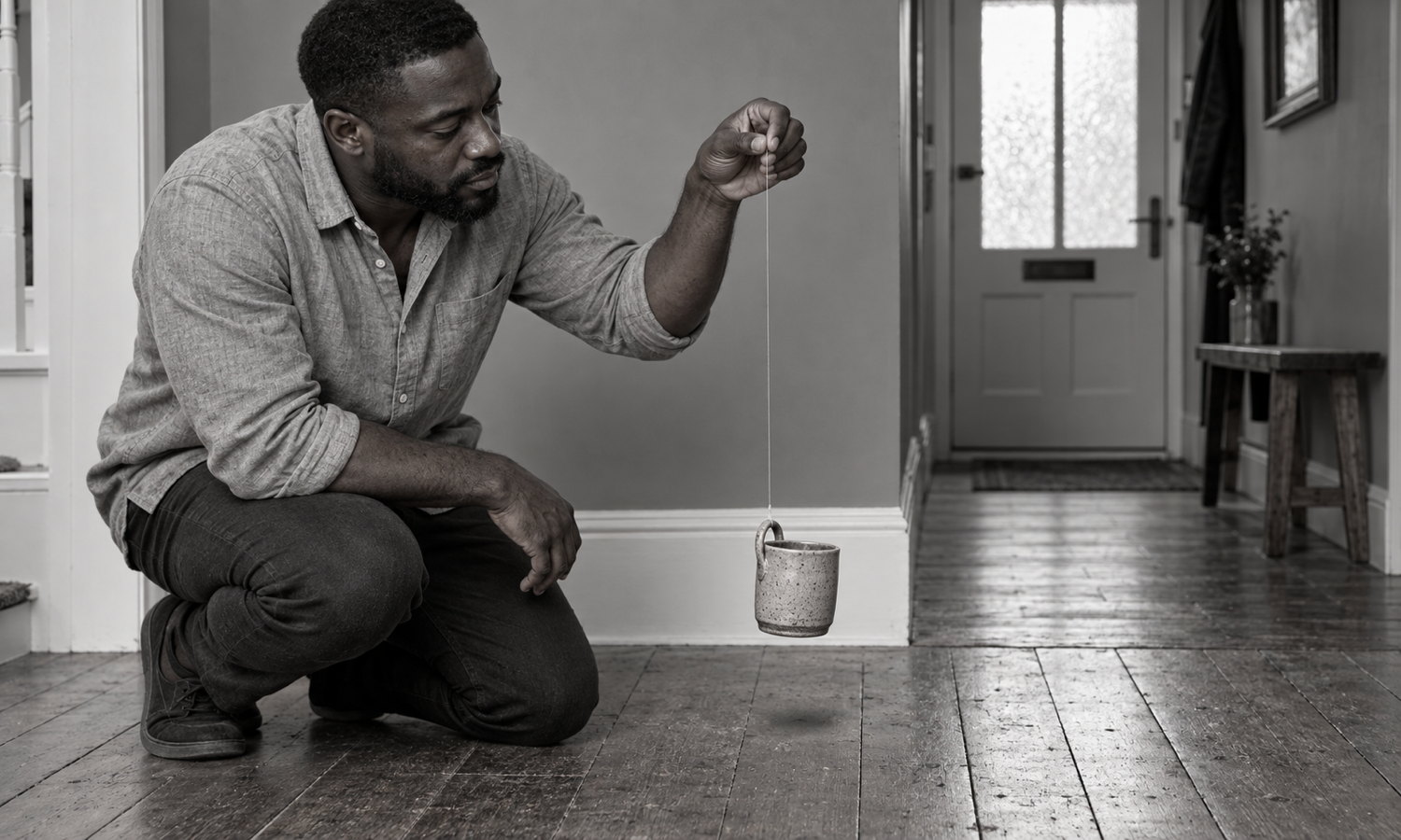 A Black man kneels on worn hallway floorboards, pinching one fine thread from which a stoneware mug hangs just above the floor.