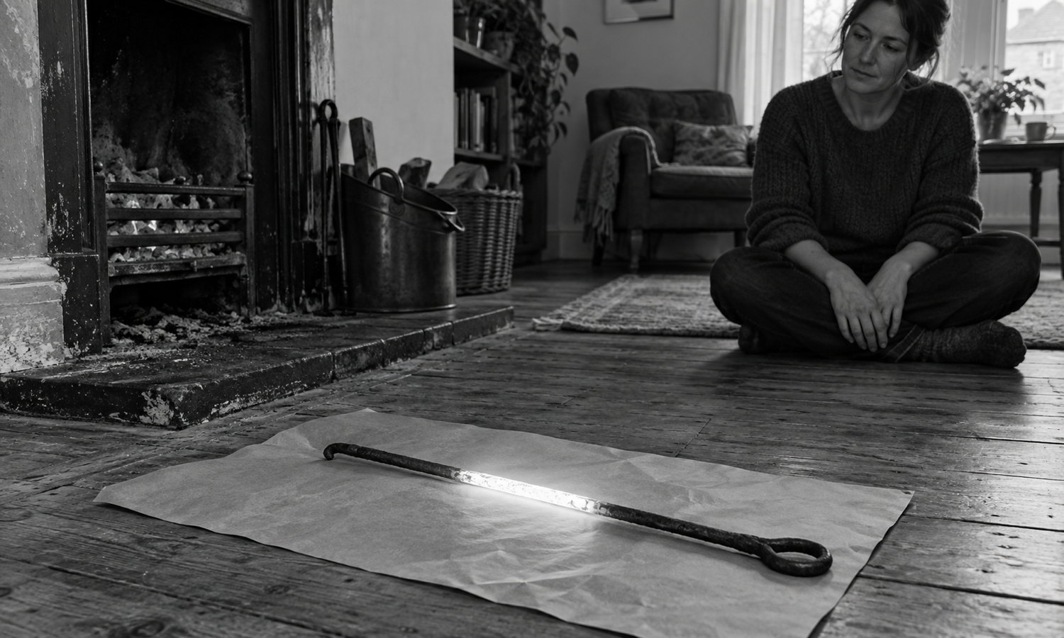 A woman sits cross-legged on a wooden floor, studying an iron fire poker whose white-hot centre rests across a plain sheet of paper that remains unmarked.