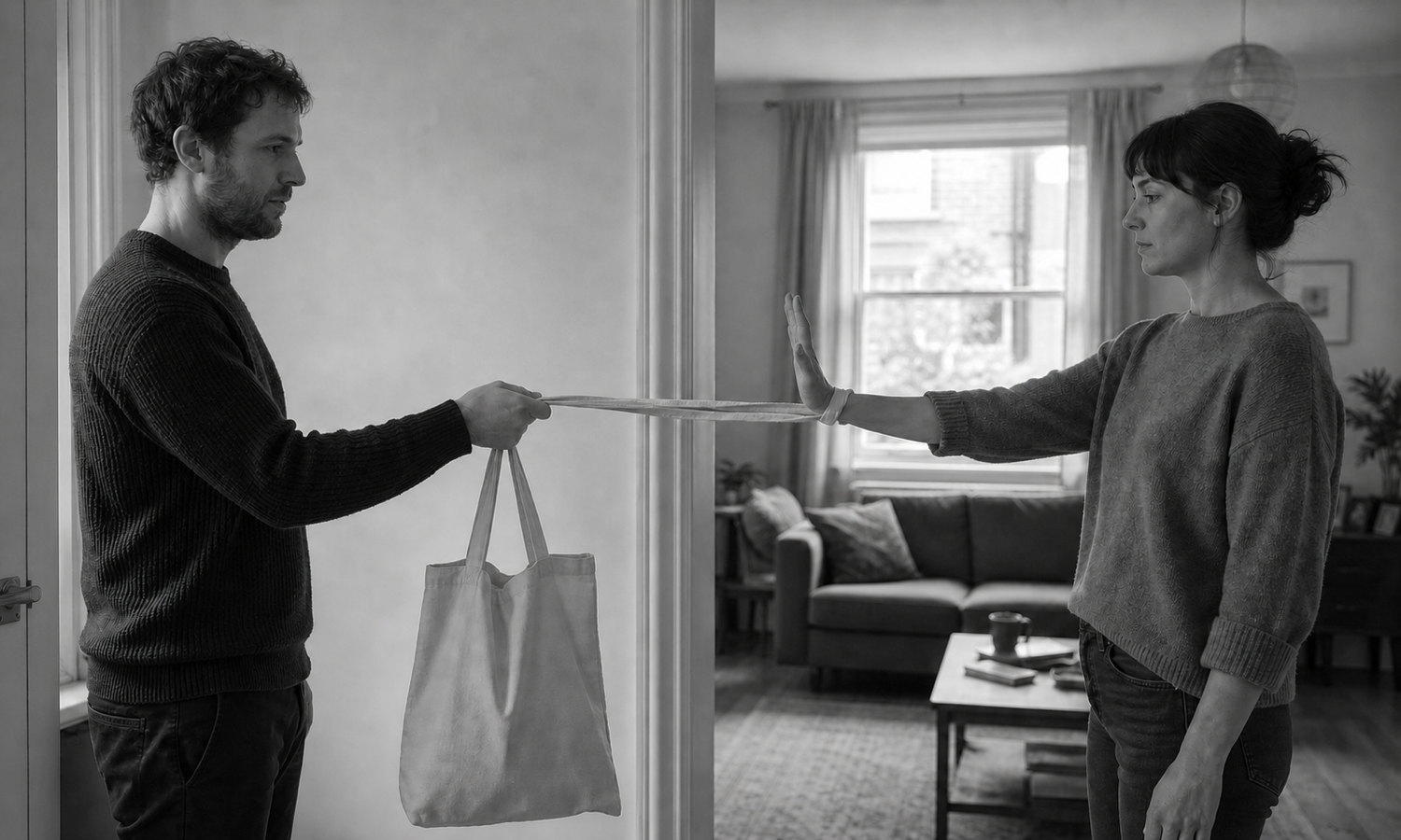 Two adults face each other in a flat as a tote-bag handle stretches across the gap and loops around the woman's raised open wrist.