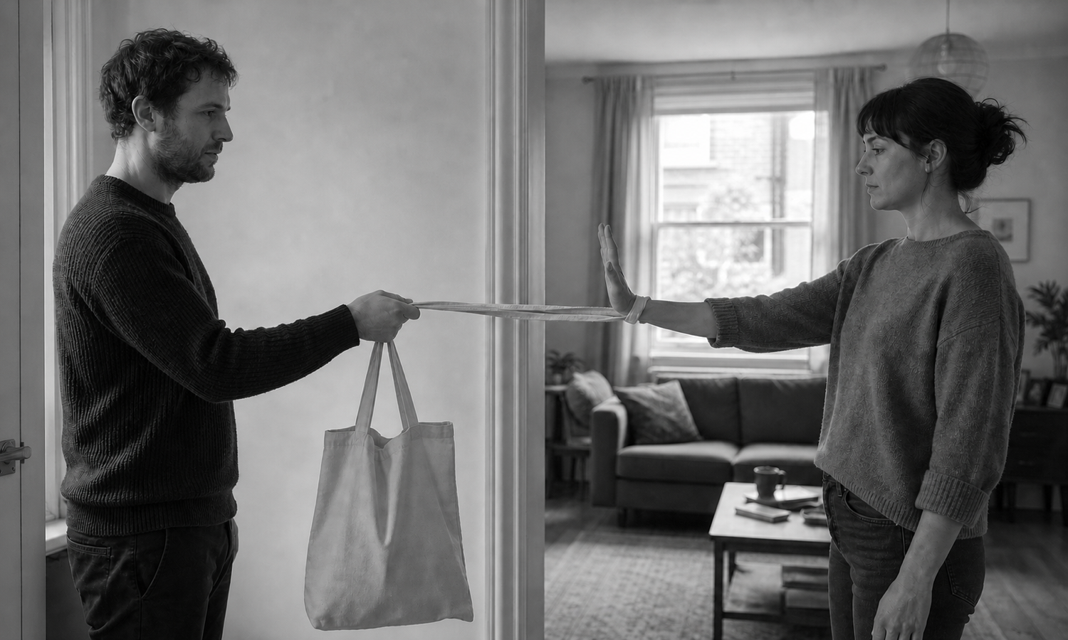 Two adults face each other in a flat as a tote-bag handle stretches across the gap and loops around the woman's raised open wrist.