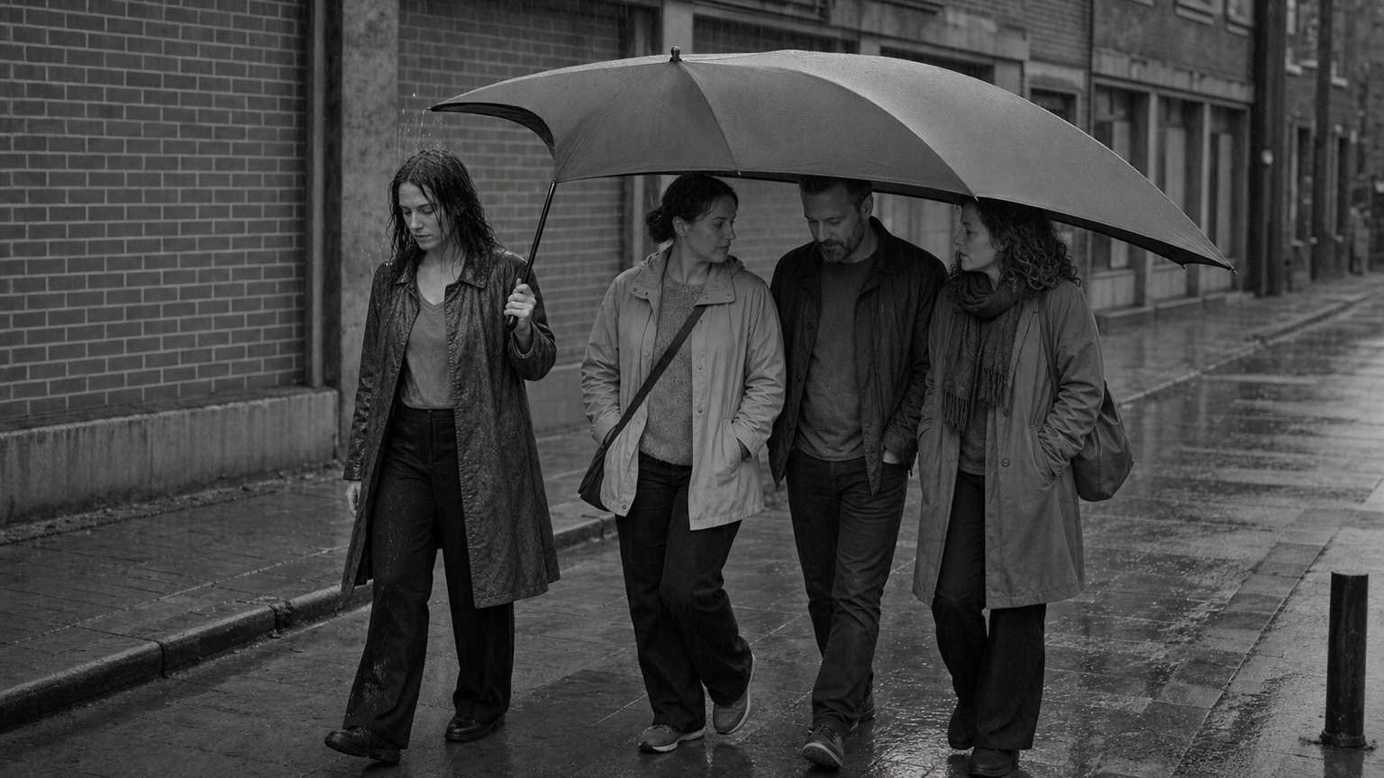 Four people walk down a wet street beneath one umbrella; the person holding it walks uncovered in the rain at the edge.