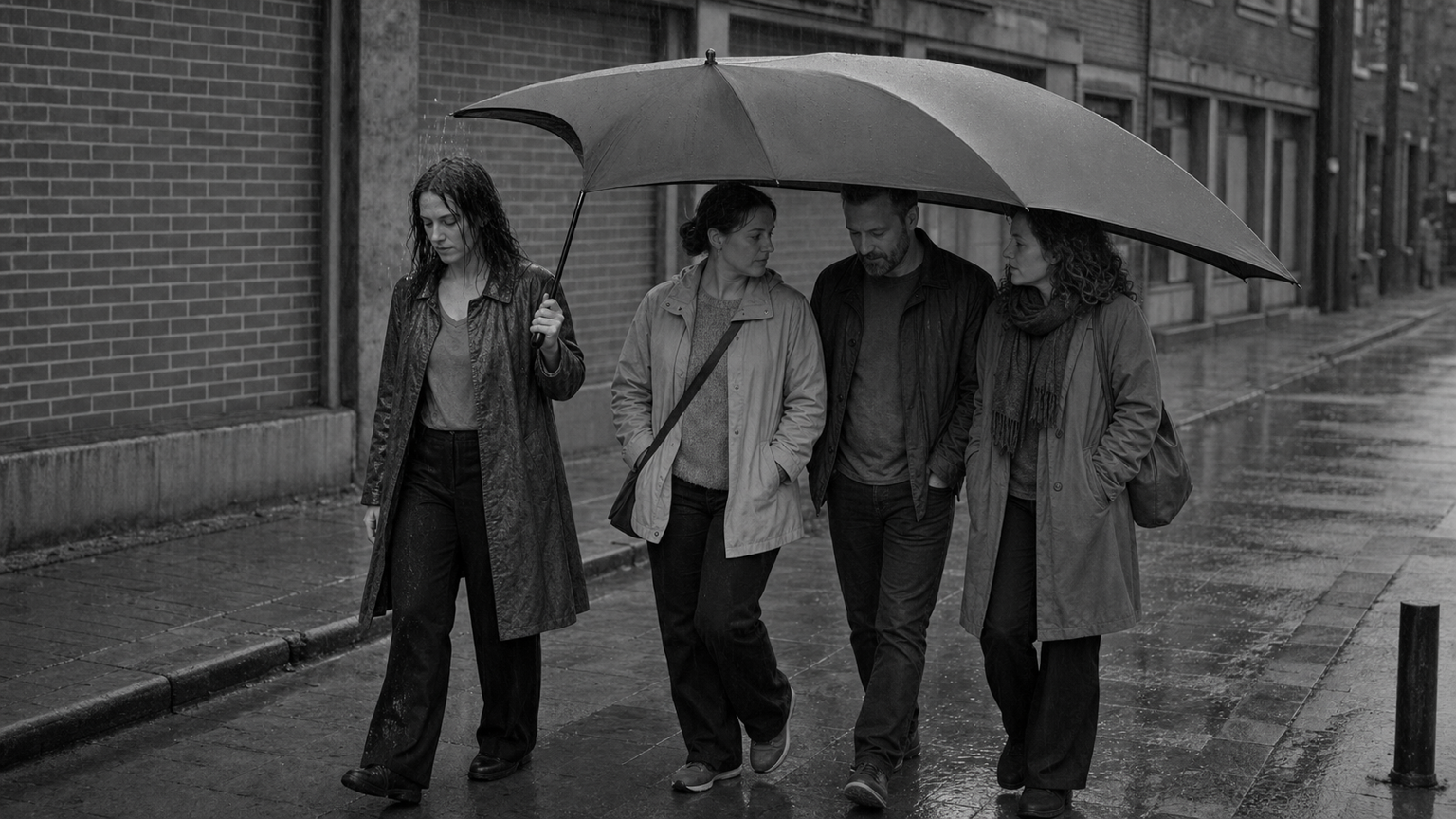 Four people walk down a wet street beneath one umbrella; the person holding it walks uncovered in the rain at the edge.