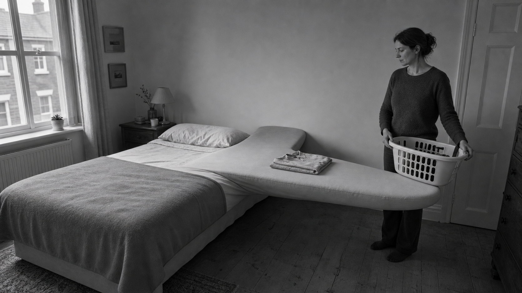 A woman carries a laundry basket into a bedroom where the bed stretches impossibly long, its far end reaching past the wall.