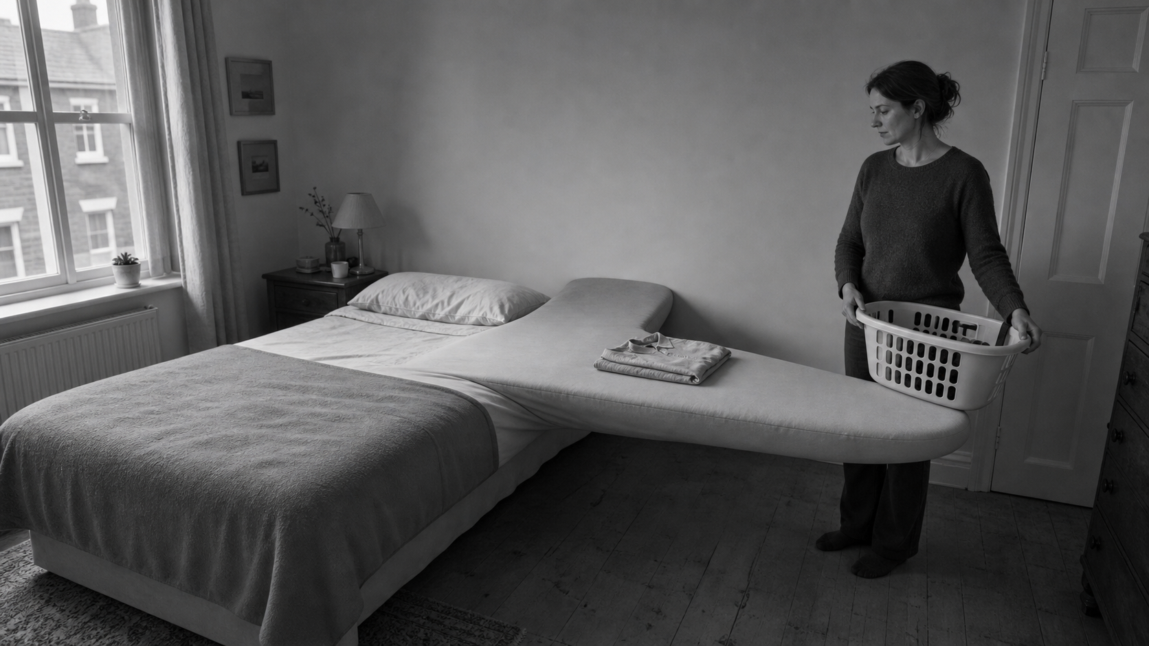 A woman carries a laundry basket into a bedroom where the bed stretches impossibly long, its far end reaching past the wall.