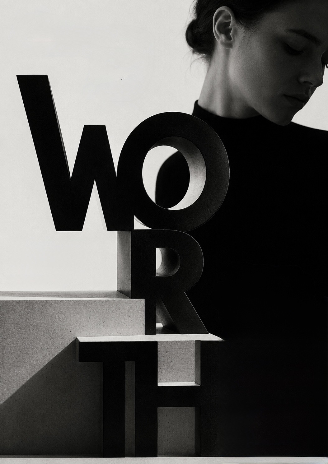 A woman looking quietly downward beside the monumental word ‘WORTH’ stacked in tumbling, unstable letters — worth tied to usefulness.