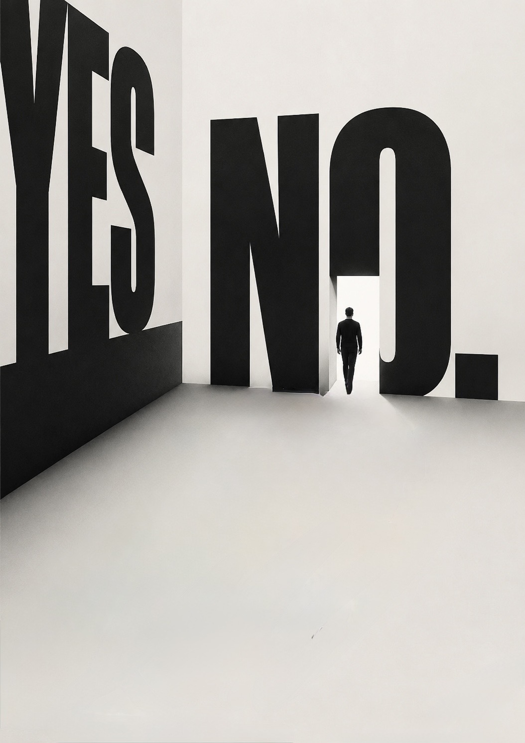 A lone figure walks away through a doorway cut into the monumental word ‘NO.’, leaving a towering ‘YES’ behind on the wall — saying yes when you mean no.