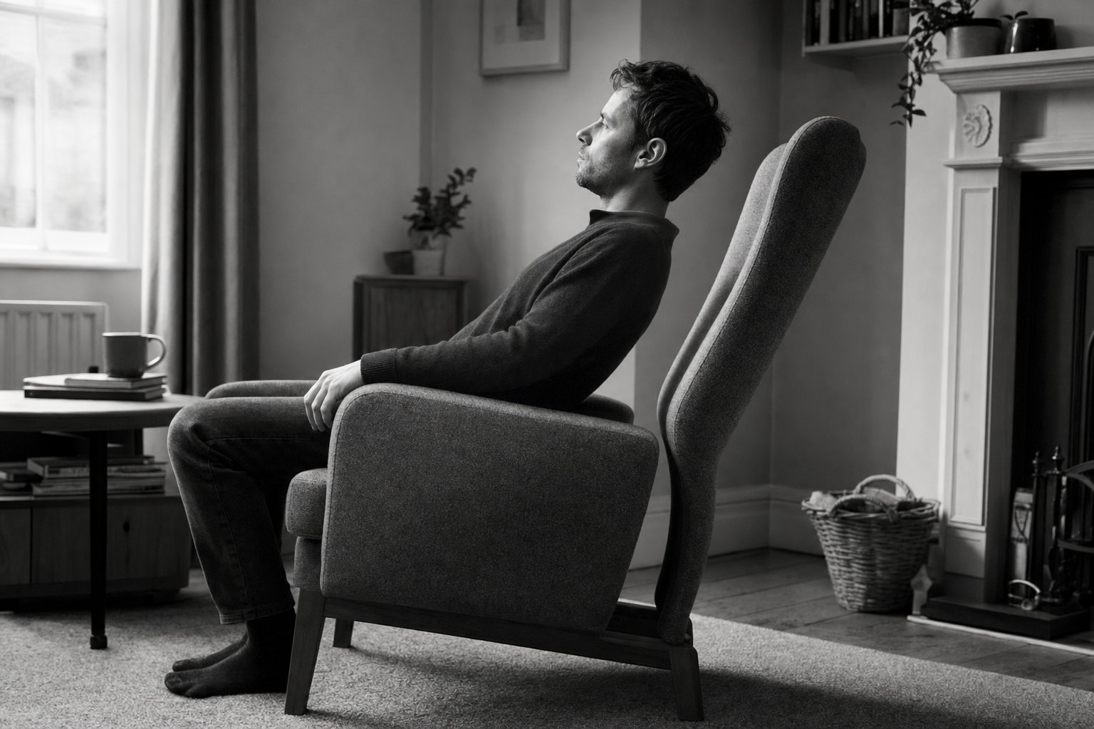 A man sits back in an armchair whose high wing has grown up and over his shoulder, curving past his head.