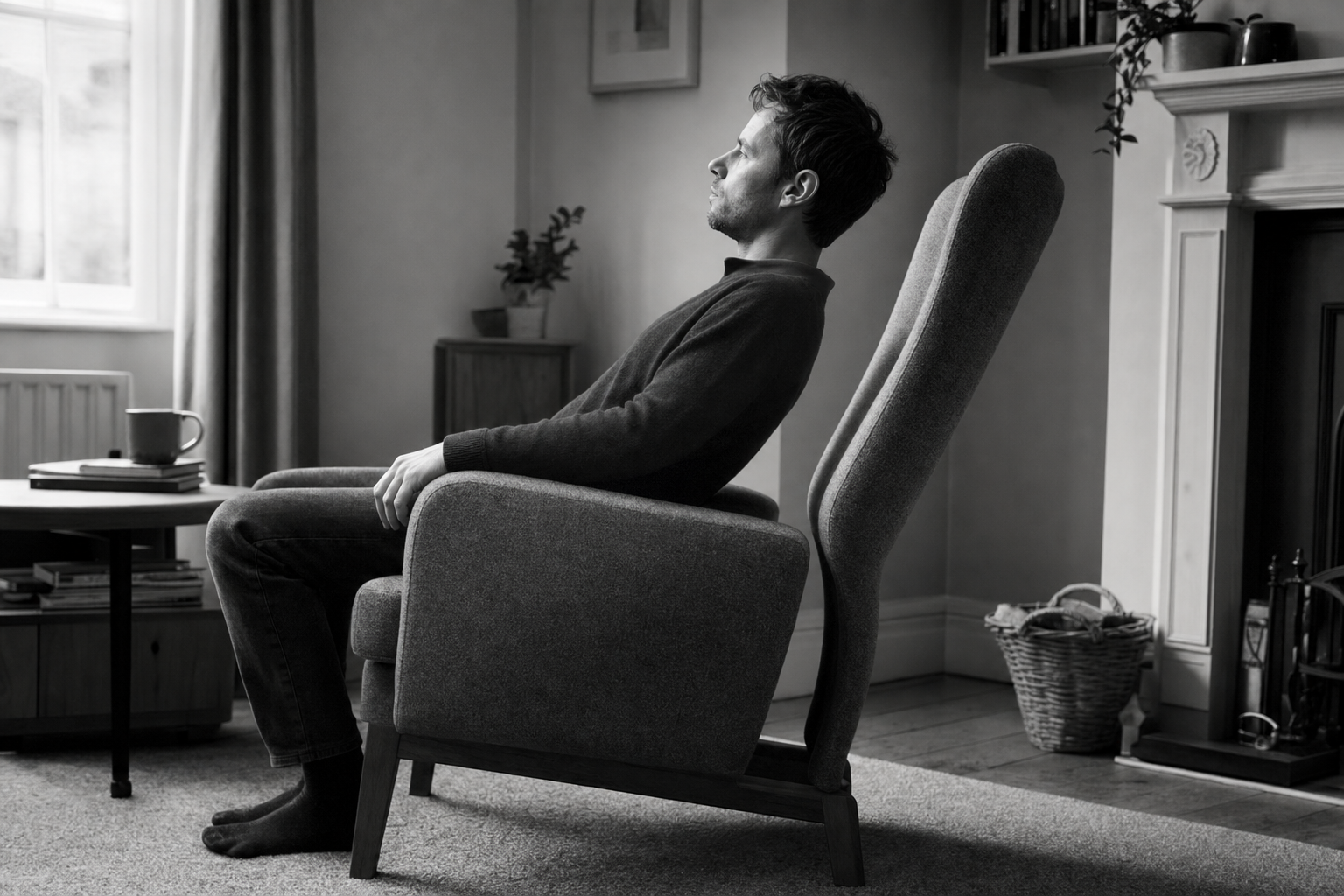 A man sits back in an armchair whose high wing has grown up and over his shoulder, curving past his head.