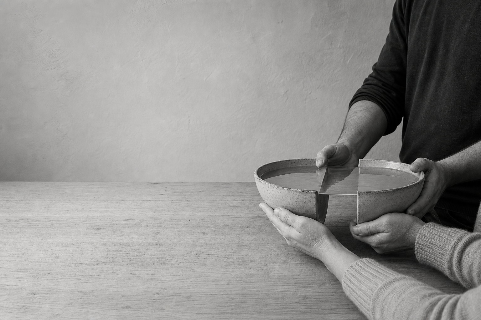 Two pairs of hands hold a heavy bowl together across a table, one steadying it while the other takes the weight.