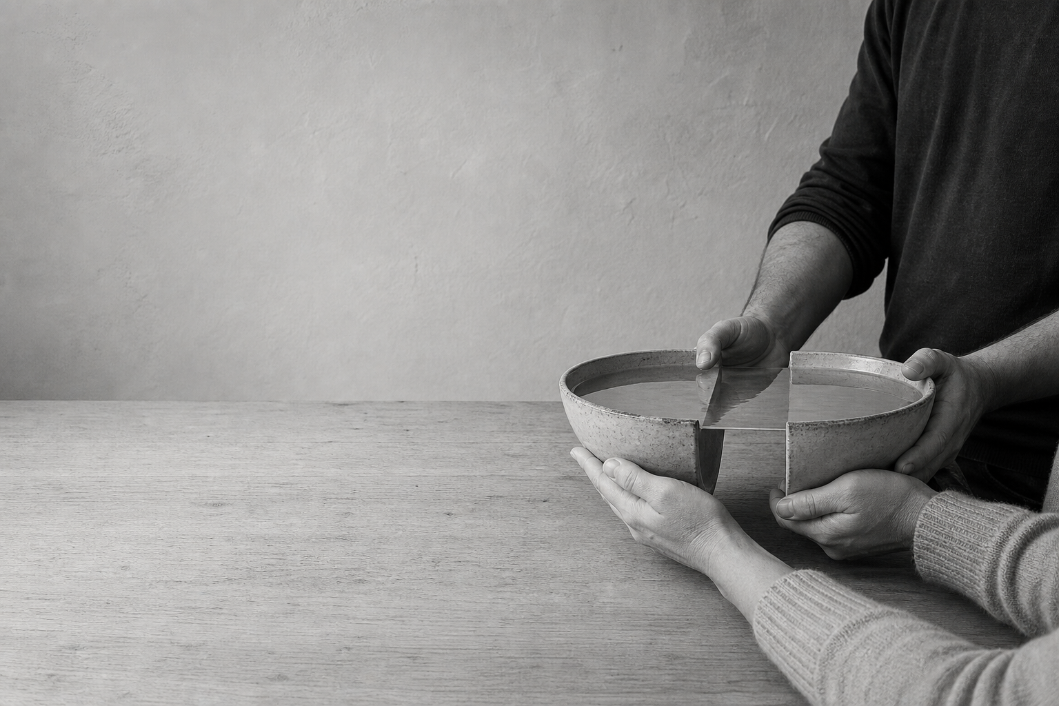 Two pairs of hands hold a heavy bowl together across a table, one steadying it while the other takes the weight.