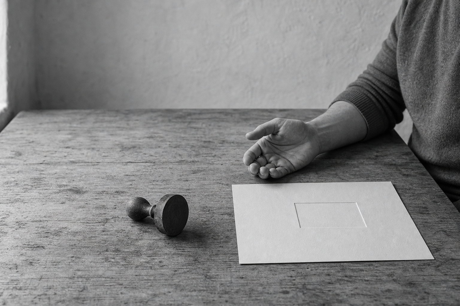 A man rests his open hand on a table beside a sheet of paper with a small shape cut out of it, and the piece that was removed lying apart.