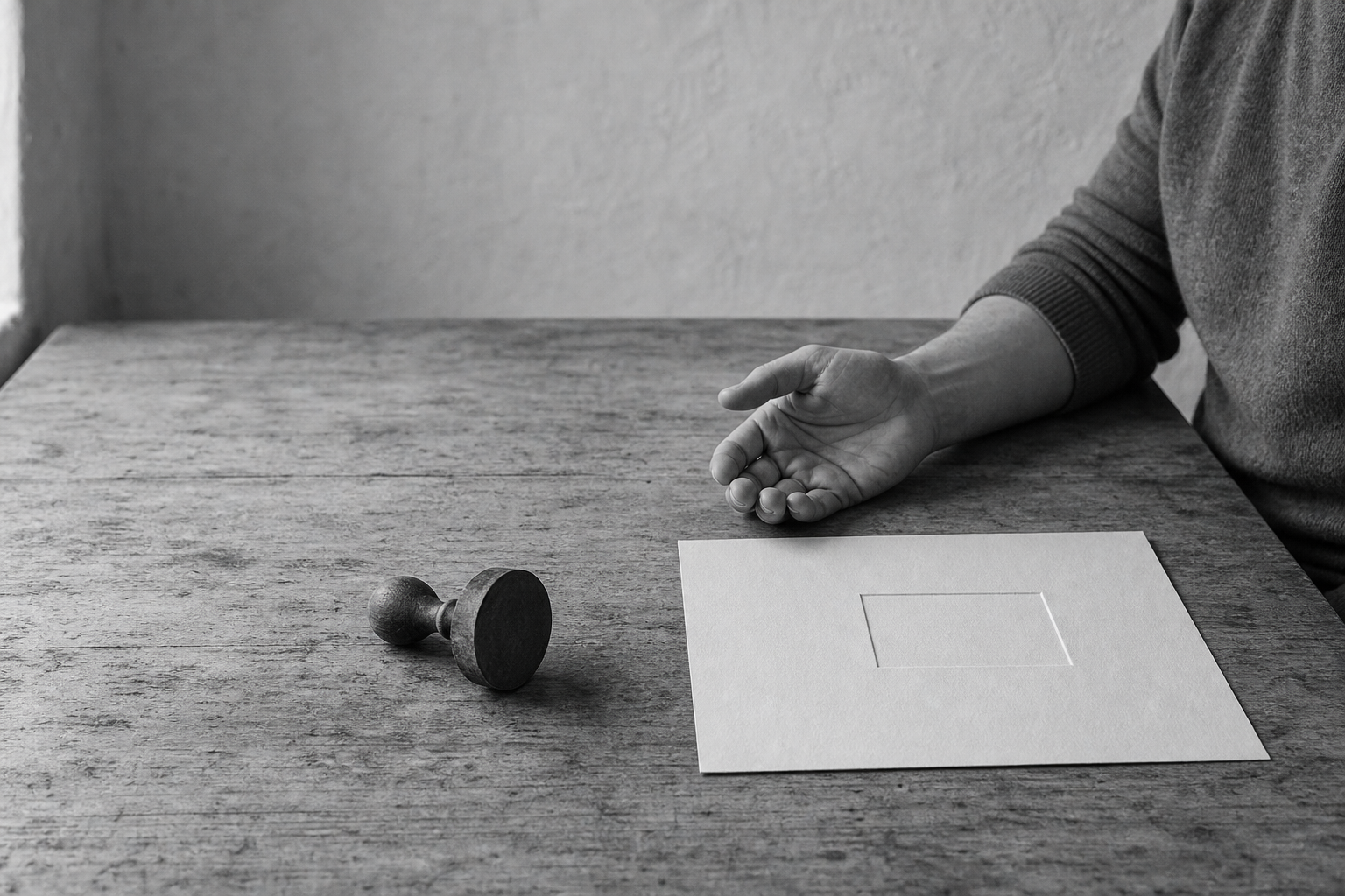 A man rests his open hand on a table beside a sheet of paper with a small shape cut out of it, and the piece that was removed lying apart.
