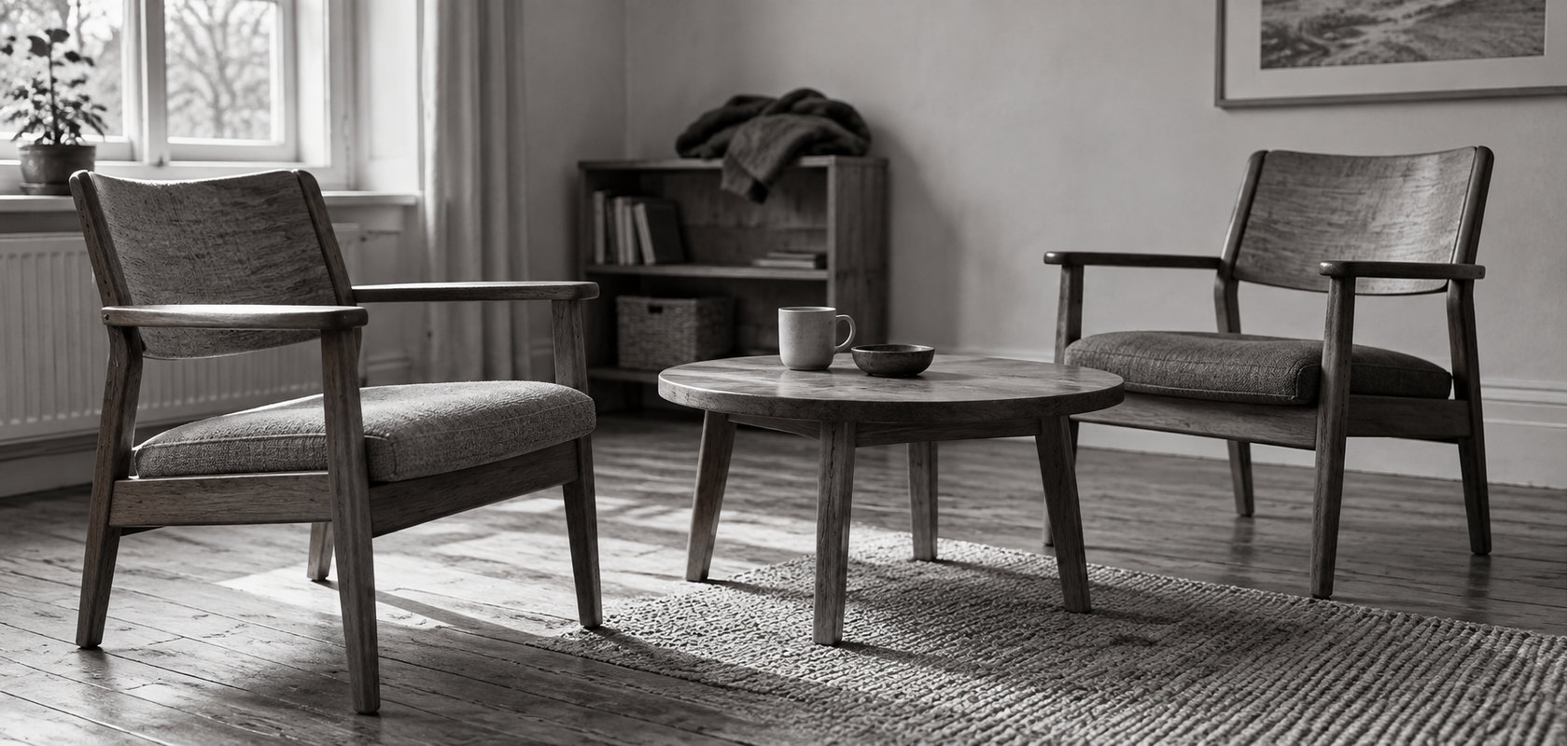 Two cushioned wooden armchairs face a low round table in a light room, with one chair angled towards the viewer.