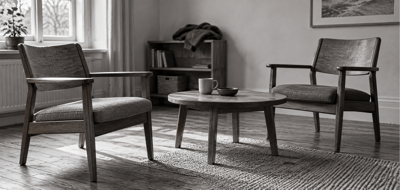 Two cushioned wooden armchairs face a low round table in a light room, with one chair angled towards the viewer.