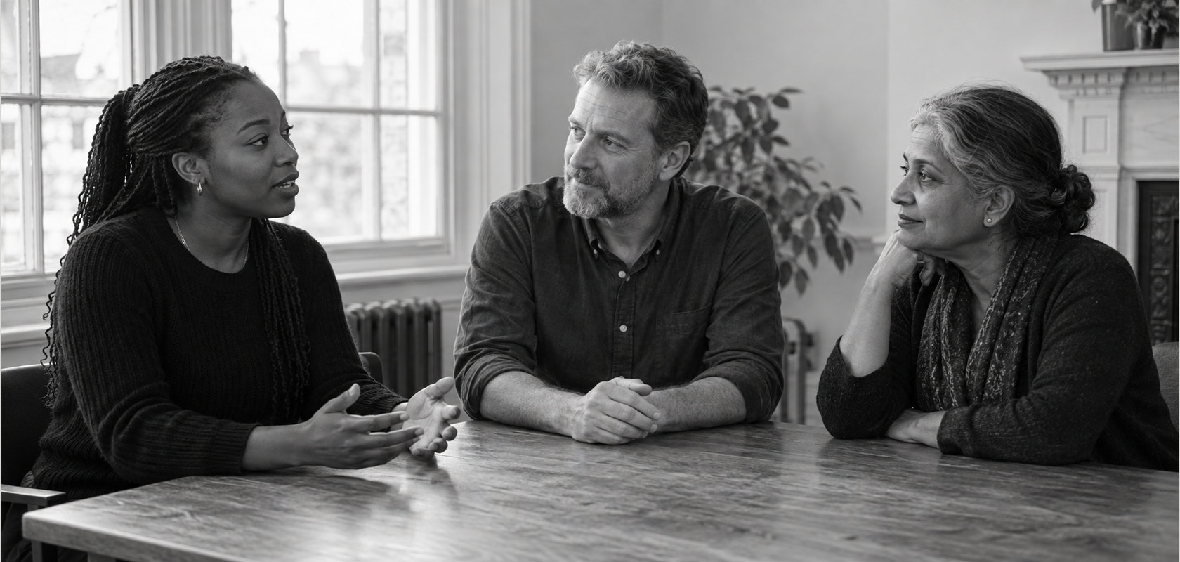 Three colleagues sit around a wooden table while a woman on the left speaks with open hands and the other two listen.
