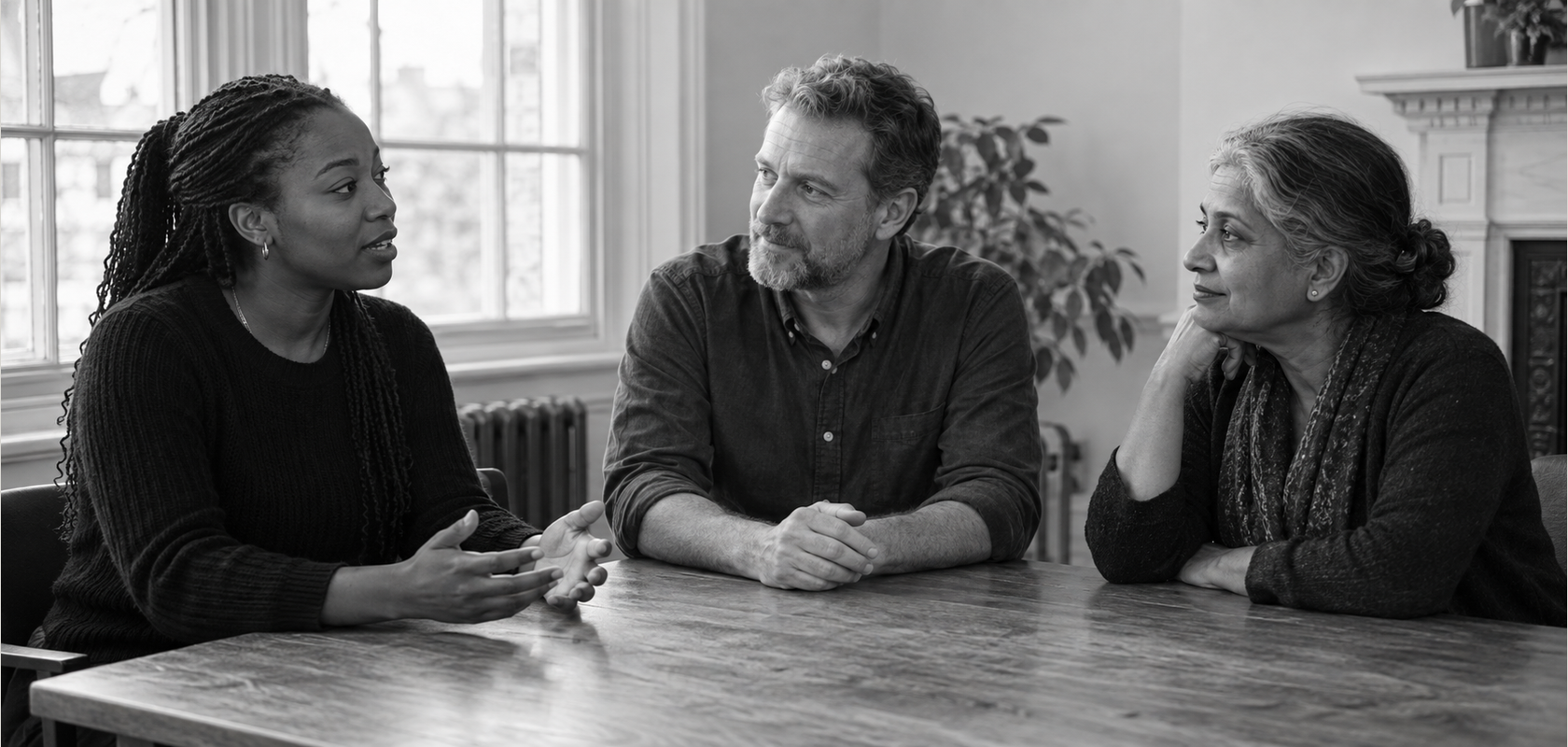 Three colleagues sit around a wooden table while a woman on the left speaks with open hands and the other two listen.