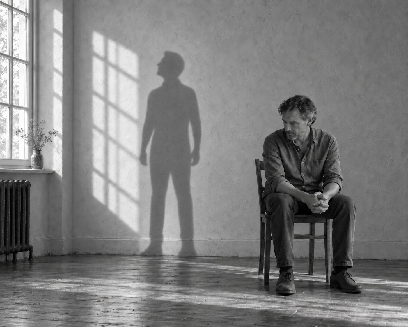 A man sits with clasped hands and lowered eyes. On the wall beside him his shadow stands at ease, face lifted towards the window.