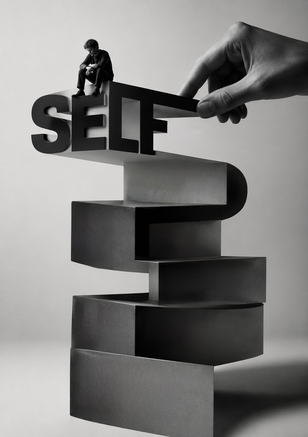 A small figure sits atop the monumental word SELF, which rests on a precarious spiral tower of stacked concrete slabs while a giant hand slides one block out — a self assembled early from what the surroundings required.