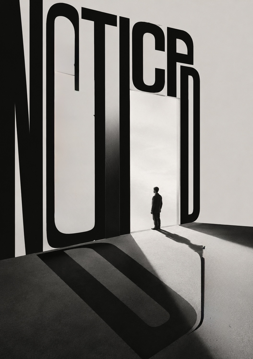 A small figure stands in a shaft of light within the monumental word NOTICED, its letters throwing long shadows across the floor — the emptiness being noticed.