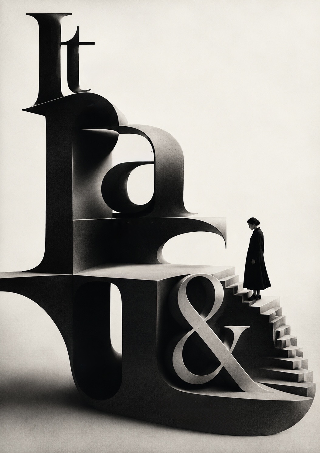 A figure in a long coat descending a sculptural staircase built from the monumental letters ‘It’ and an ampersand — a life gone quietly through the motions.