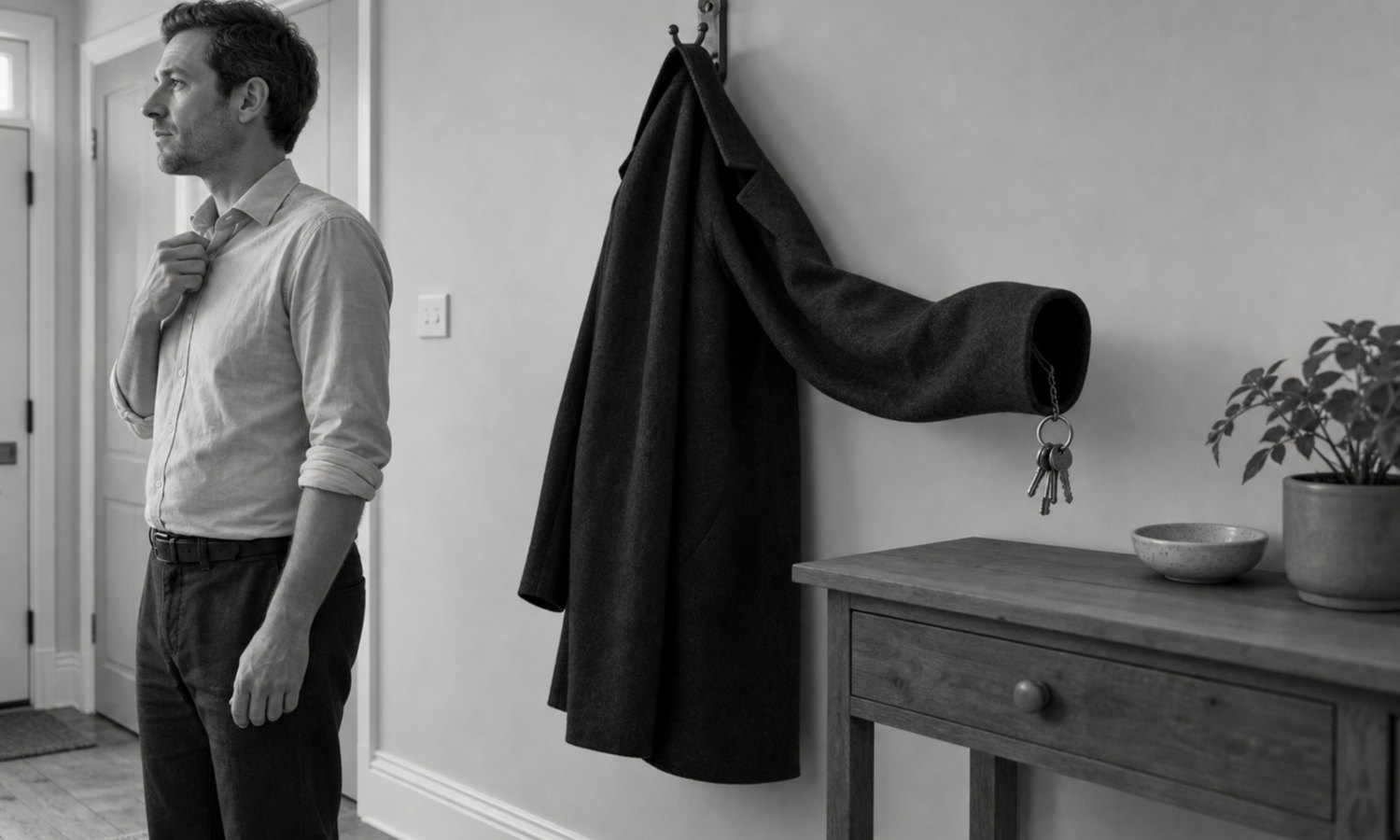 A man stands beside a hanging coat whose unsupported empty sleeve holds his keys from its hollow cuff while his real hand remains at his side.