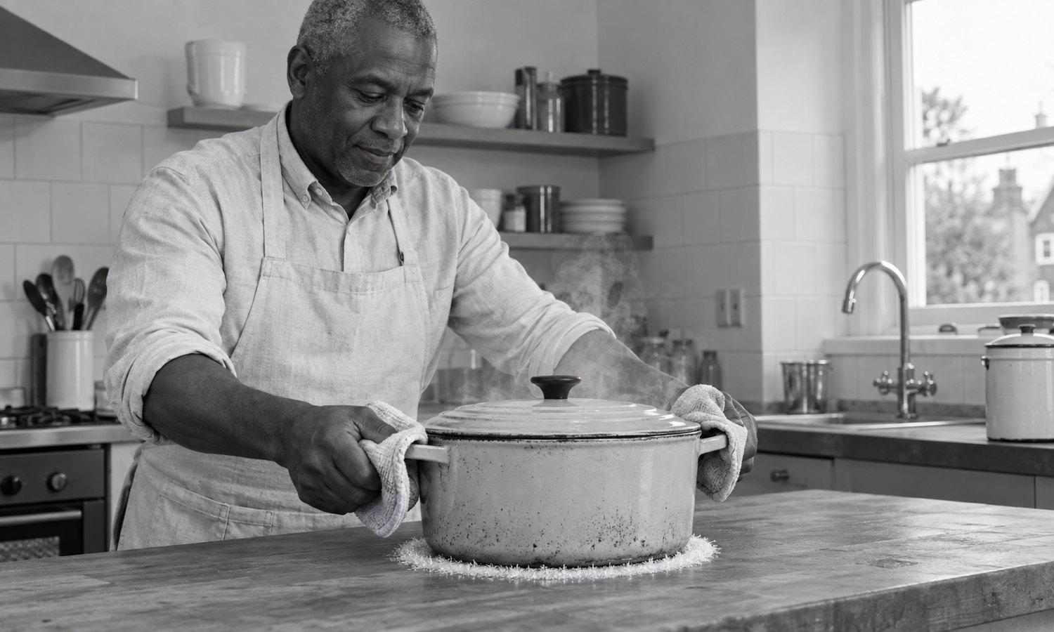 An older Black man in a pale apron sets a steaming lidded casserole on a wooden kitchen counter while a complete sharp ring of frost remains beneath its hot base.