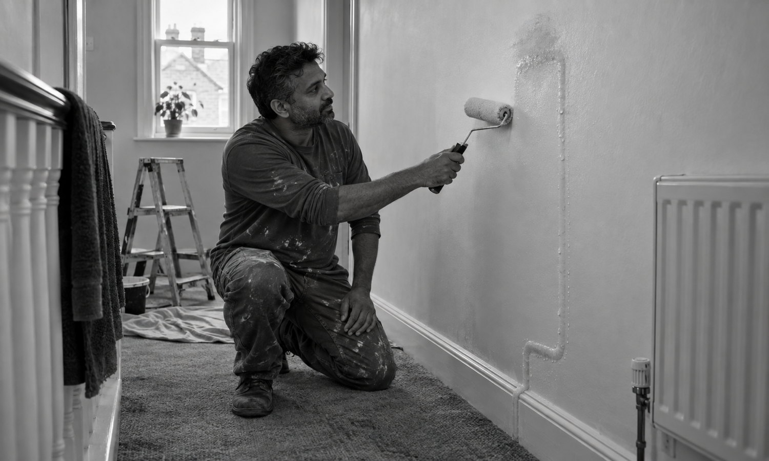 A man pauses with a paint roller beside an intact hallway wall whose raised, moisture-beaded surface traces the full route of a hidden pipe.