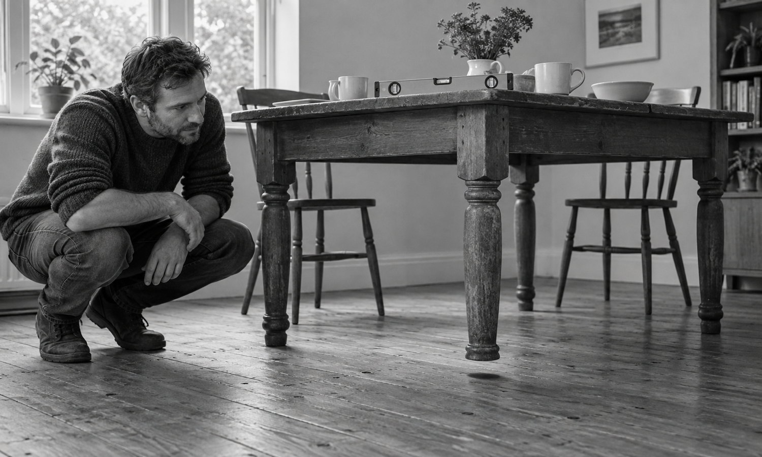 A man crouches beside a level breakfast table while its nearest intact wooden leg hangs several centimetres above the floor.