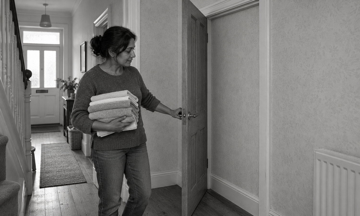 A woman carrying folded towels opens an intact hallway door onto a shallow wallpapered wall and skirting where the room should be.