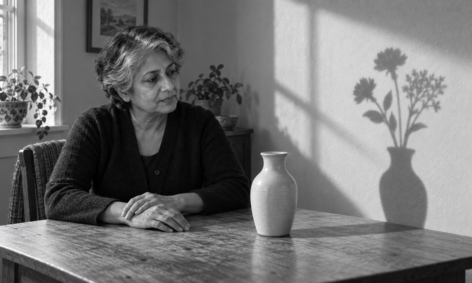A woman sits at a table beside an empty vase. On the wall, the vase’s shadow holds three flowering stems.