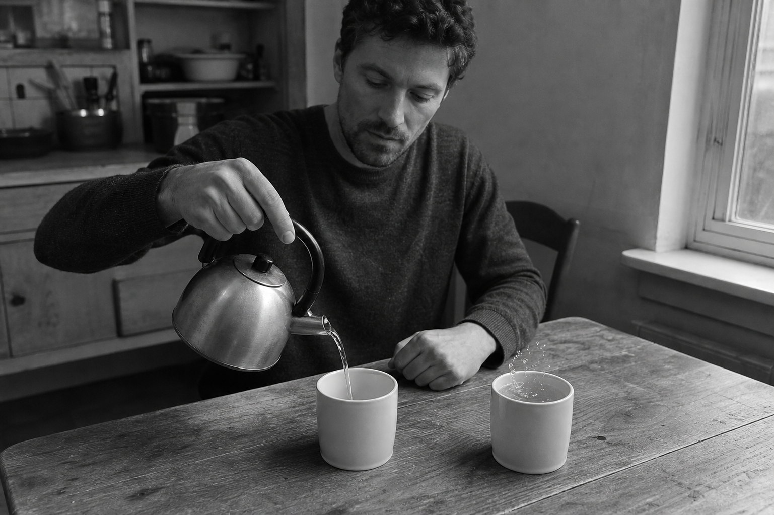 A man pours from a kettle into two identical mugs at a kitchen table, though he is sitting alone.
