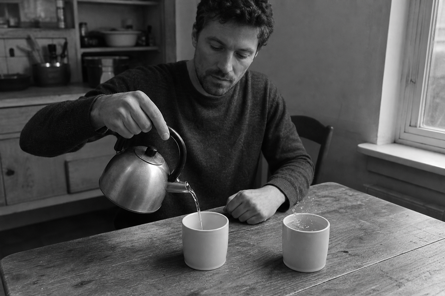 A man pours from a kettle into two identical mugs at a kitchen table, though he is sitting alone.