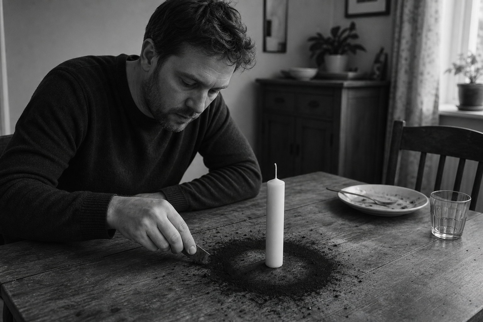 A man reaches towards a single unlit candle on a table where the burn ring around it is already scorched black.