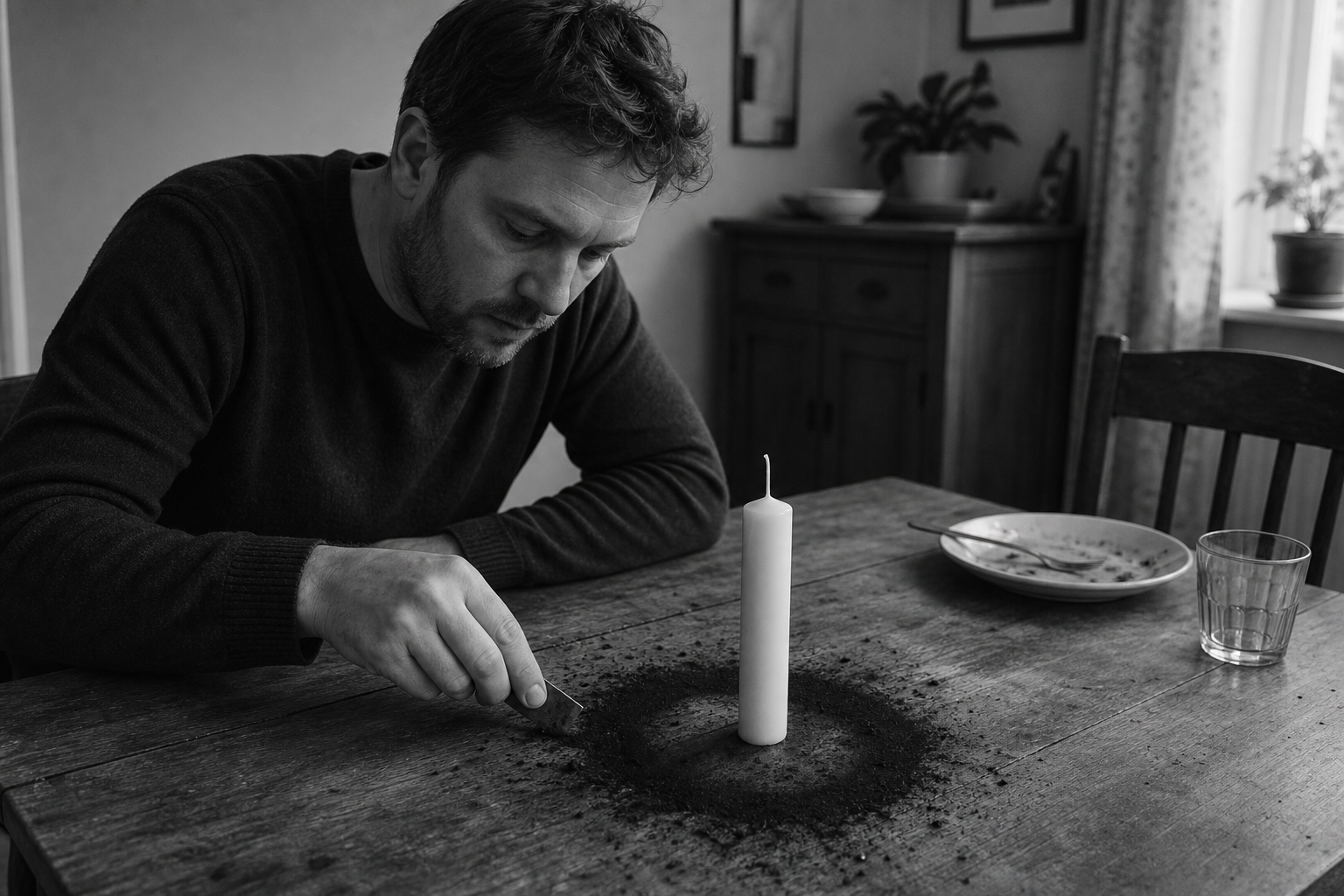 A man reaches towards a single unlit candle on a table where the burn ring around it is already scorched black.