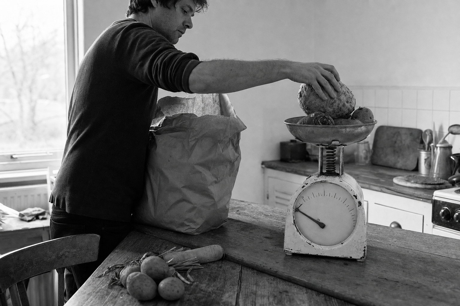 A man weighs a swede on kitchen scales whose needle has not moved from where it started.