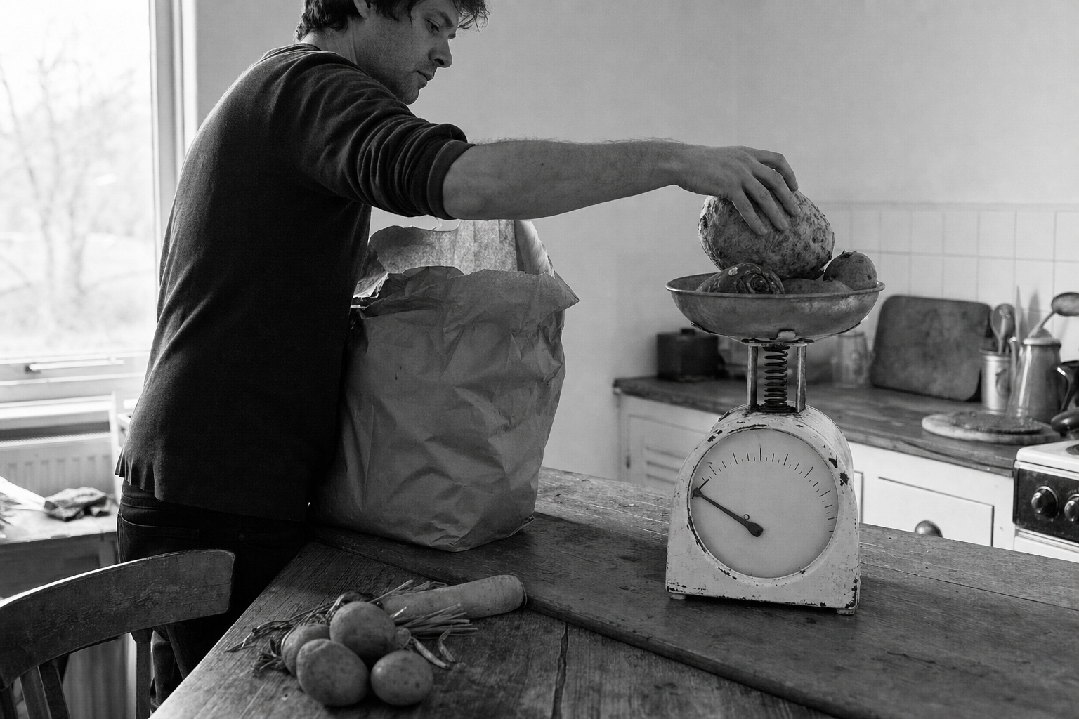 A man weighs a swede on kitchen scales whose needle has not moved from where it started.