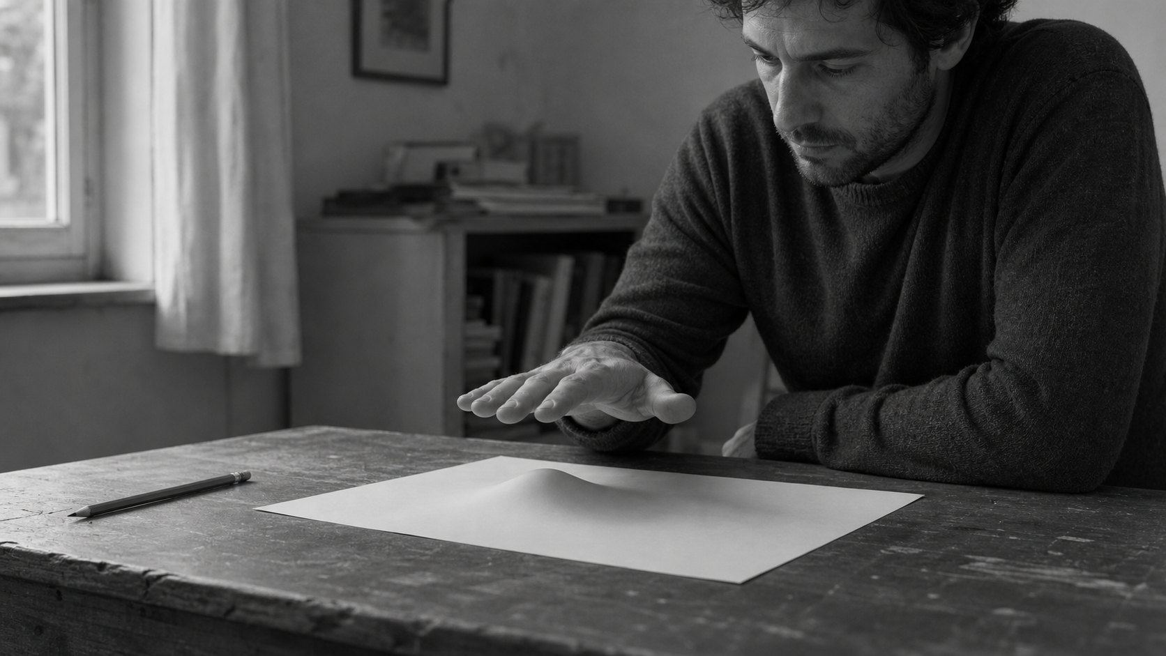 A man presses both hands flat on a sheet of paper on a table; the paper lifts into a low ridge that his hands cannot press down.
