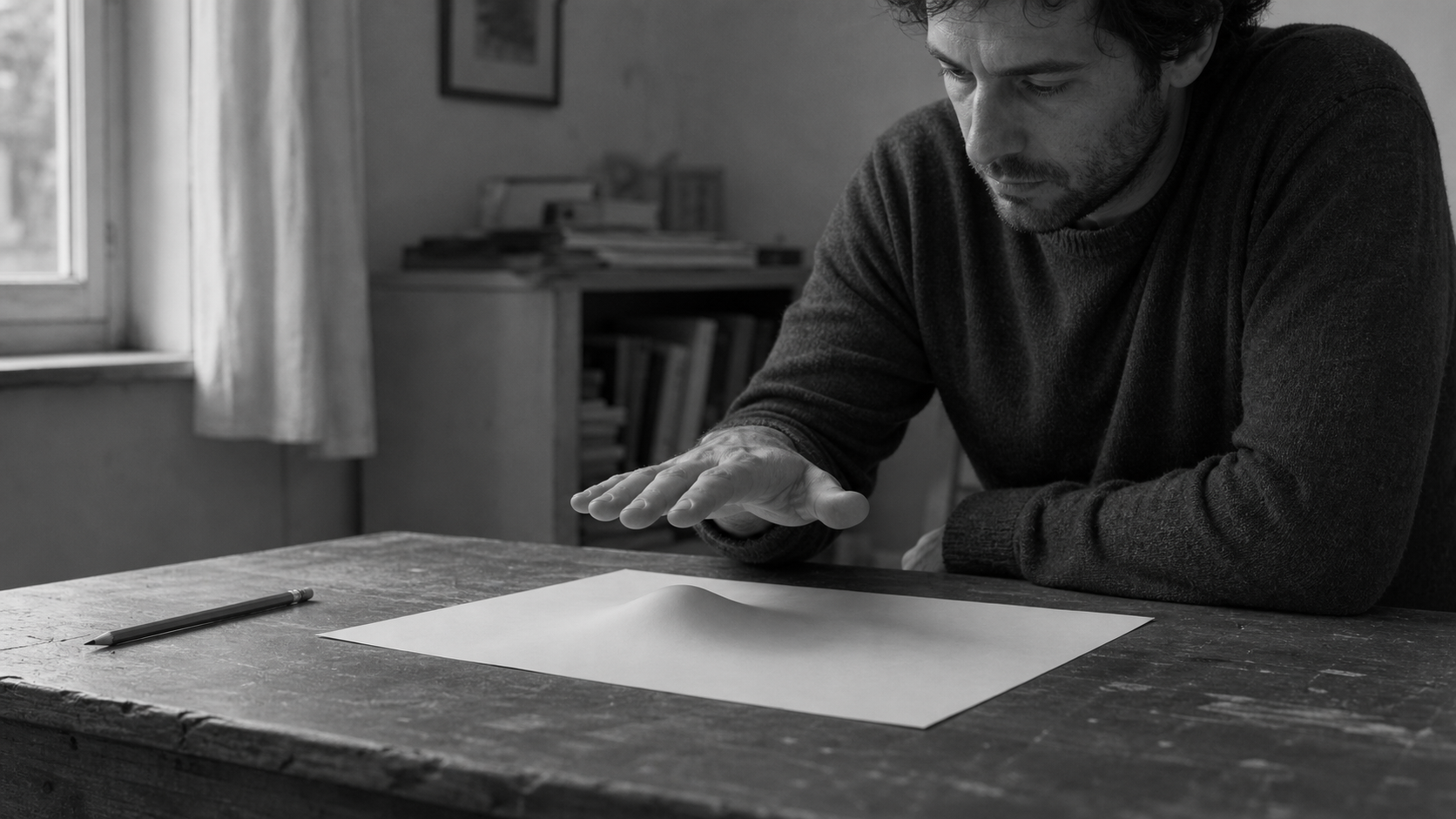 A man presses both hands flat on a sheet of paper on a table; the paper lifts into a low ridge that his hands cannot press down.