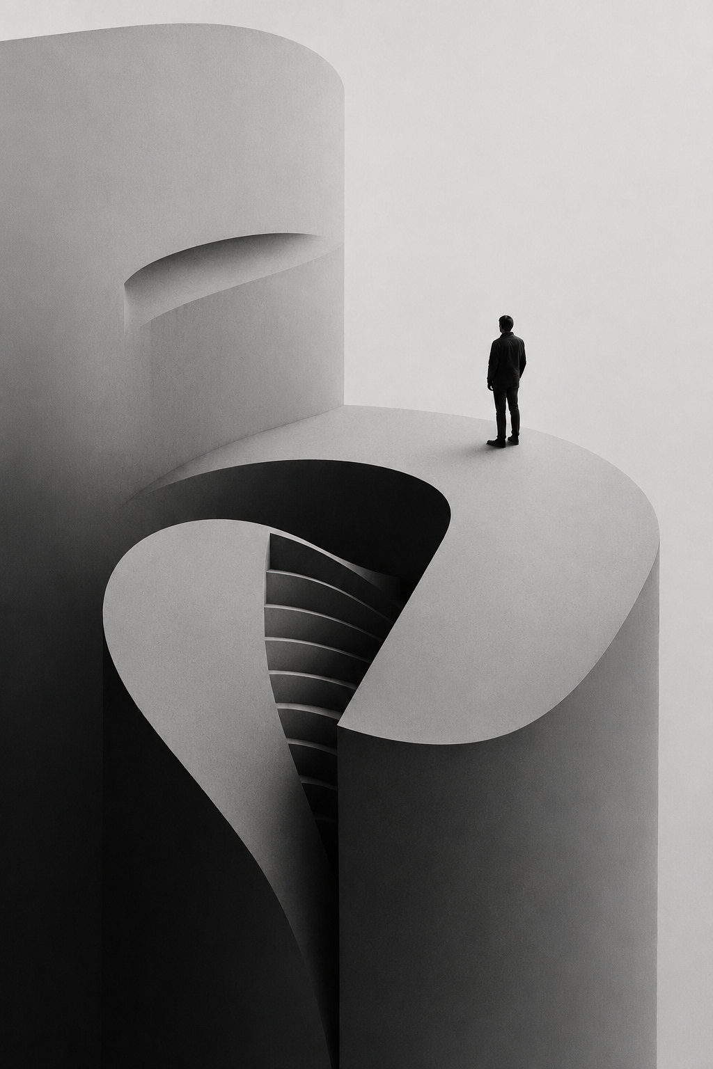 A lone figure stands atop a vast, softly-curved sculptural form that unfurls to reveal a spiral stair descending into shadow — somewhere you don’t have to be anyone in particular.