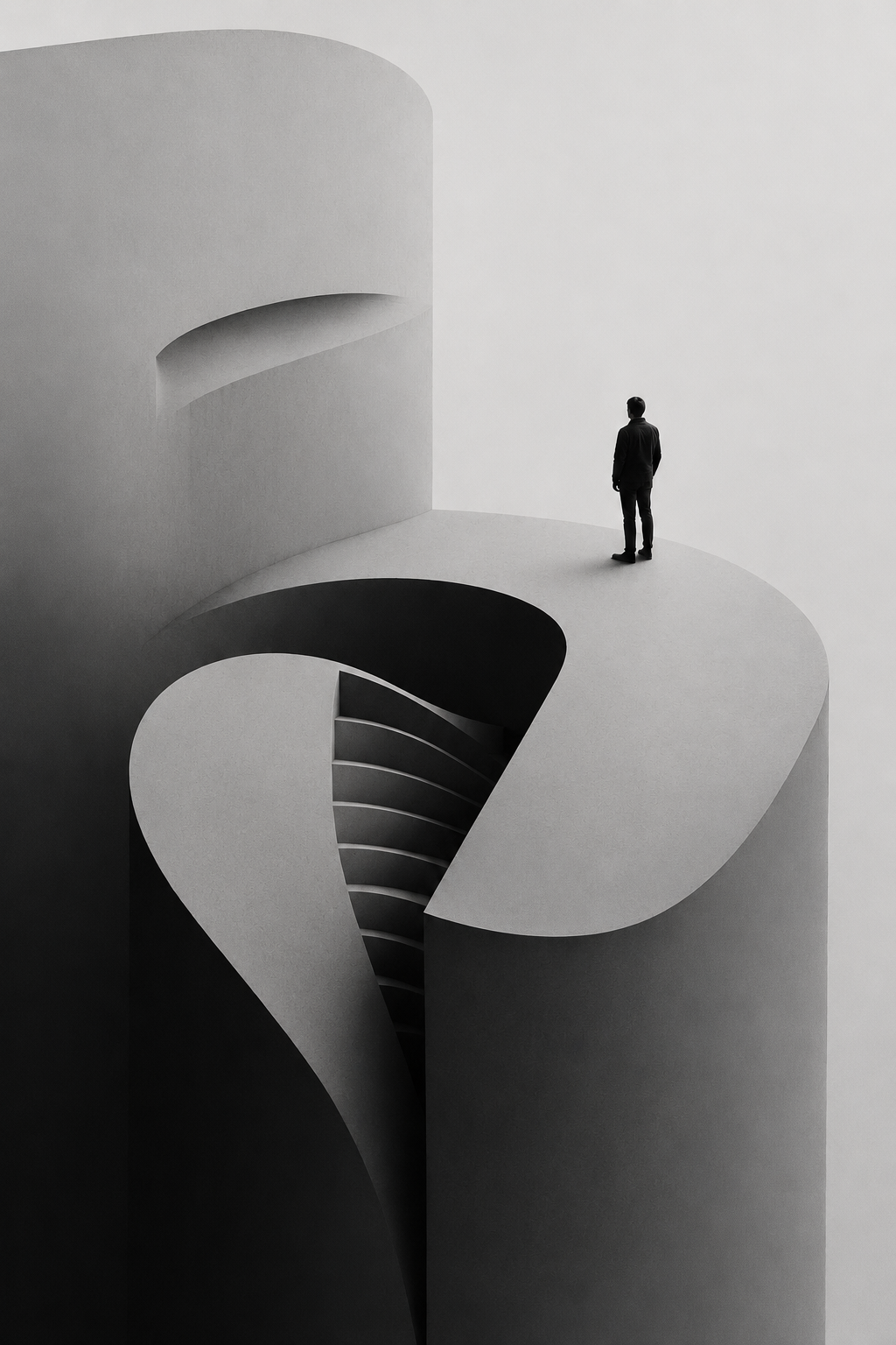 A lone figure stands atop a vast, softly-curved sculptural form that unfurls to reveal a spiral stair descending into shadow — somewhere you don’t have to be anyone in particular.