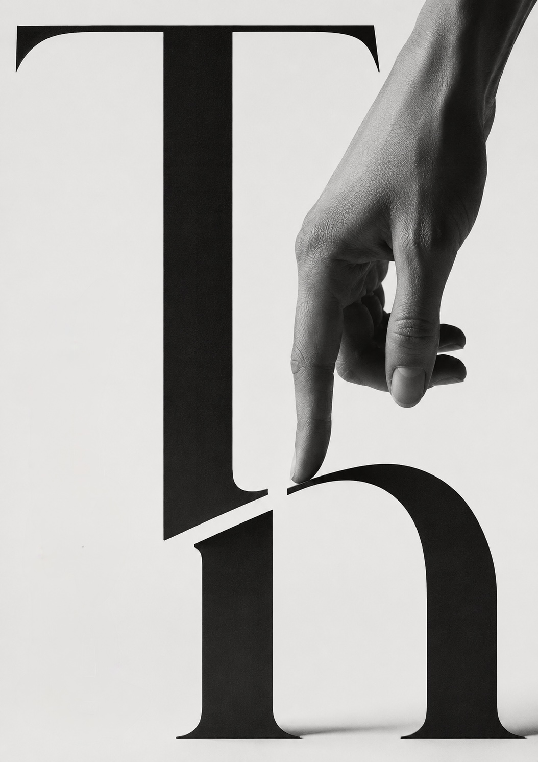 A monumental serif ‘Th’ with a hand reaching down from above, a single finger resting on the crossbar — reaching for something that has no clear cause to point to.