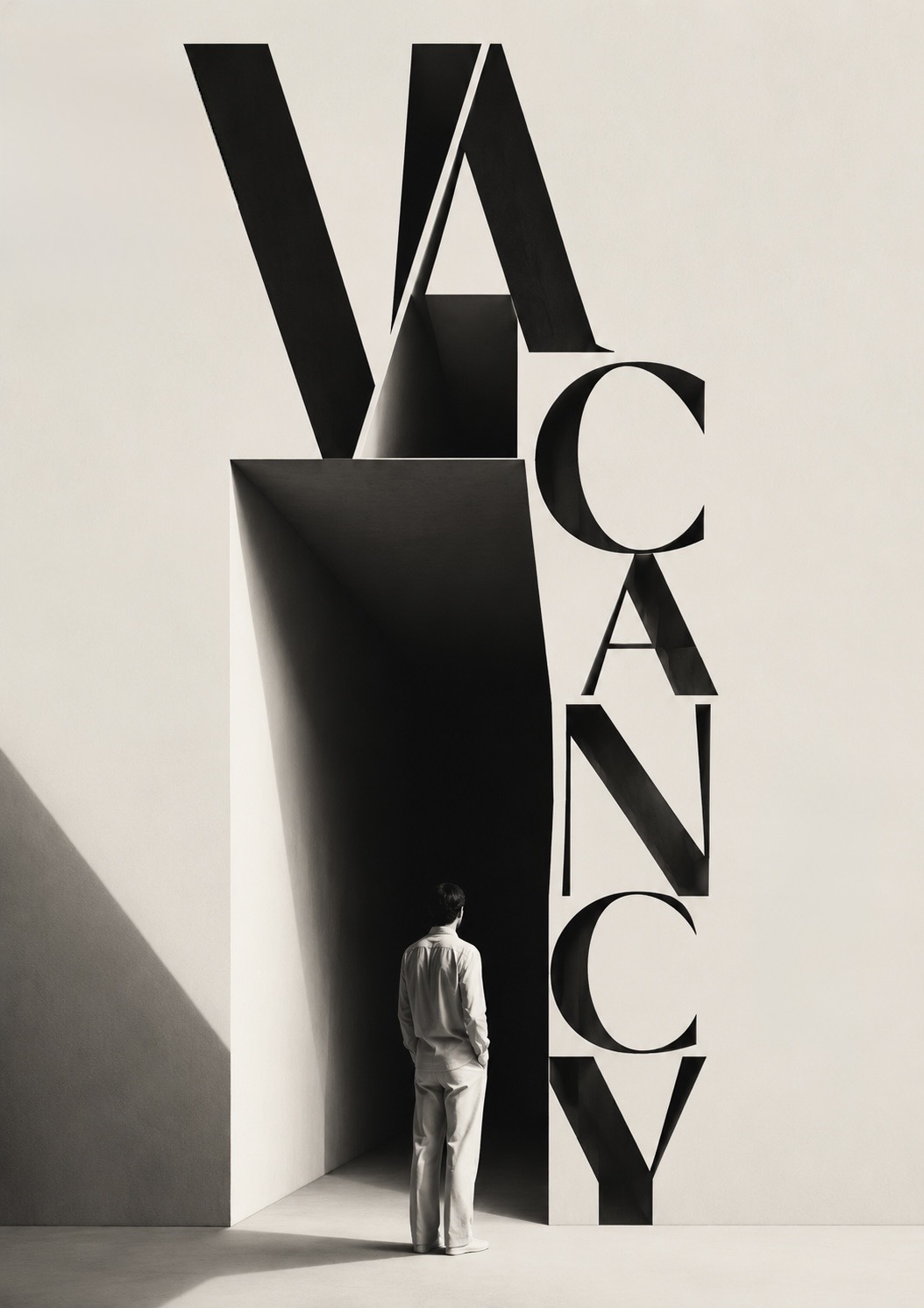 A figure in white standing small before the monumental word VACANCY carved as a deep architectural recess of light and shadow.