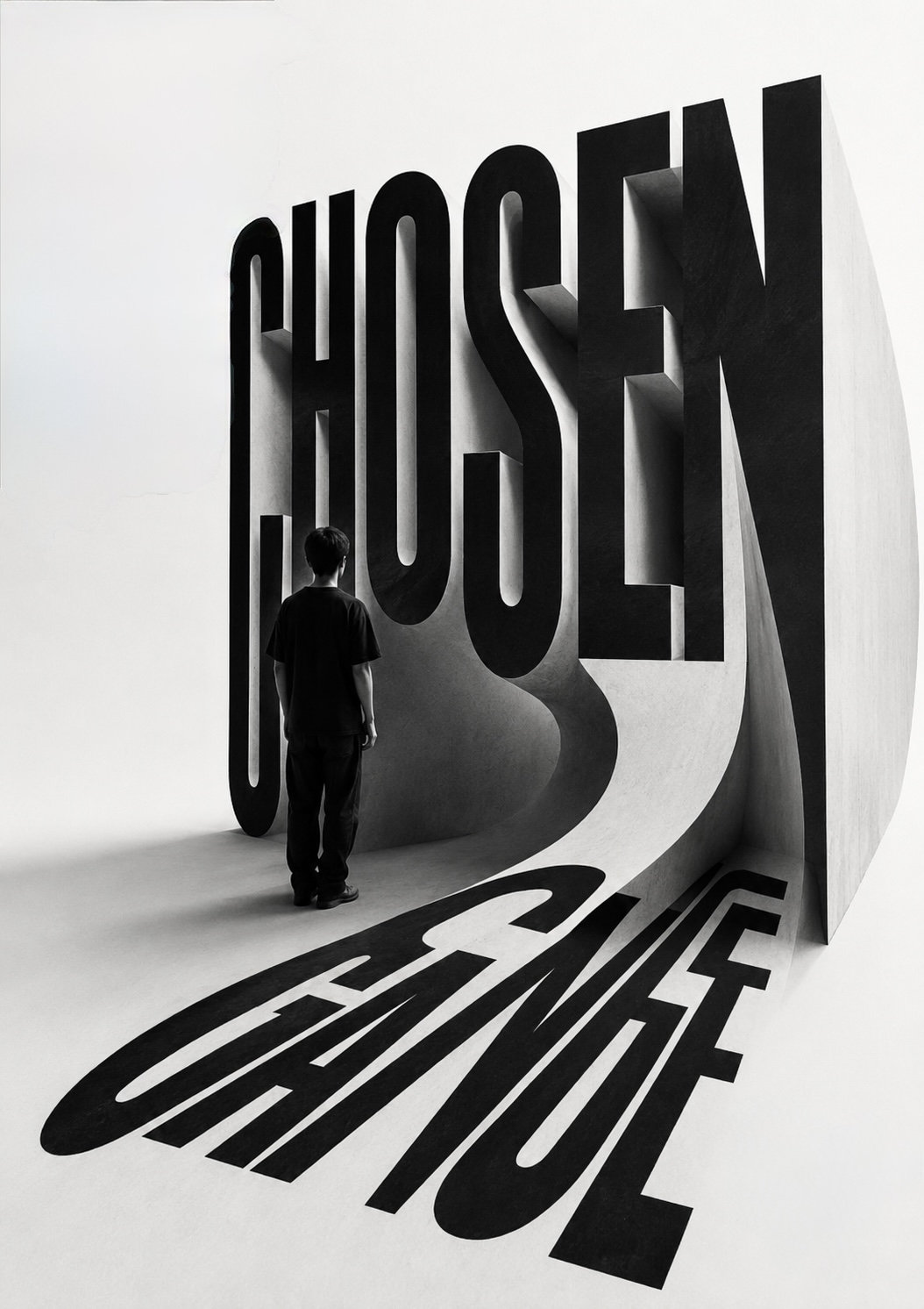 A figure stands before the monumental word ‘CHOSEN’, its long shadow spelling ‘change’ across the floor — the disorientation that arrives even with a change you wanted.