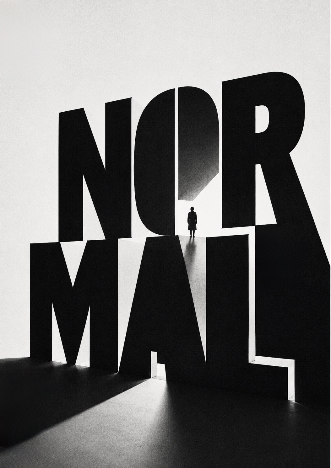 Monumental letters spelling NORMAL, cracked apart, with a lone figure standing in the gap — the work here isn’t about getting you back to normal; normal is often the thing that has changed.