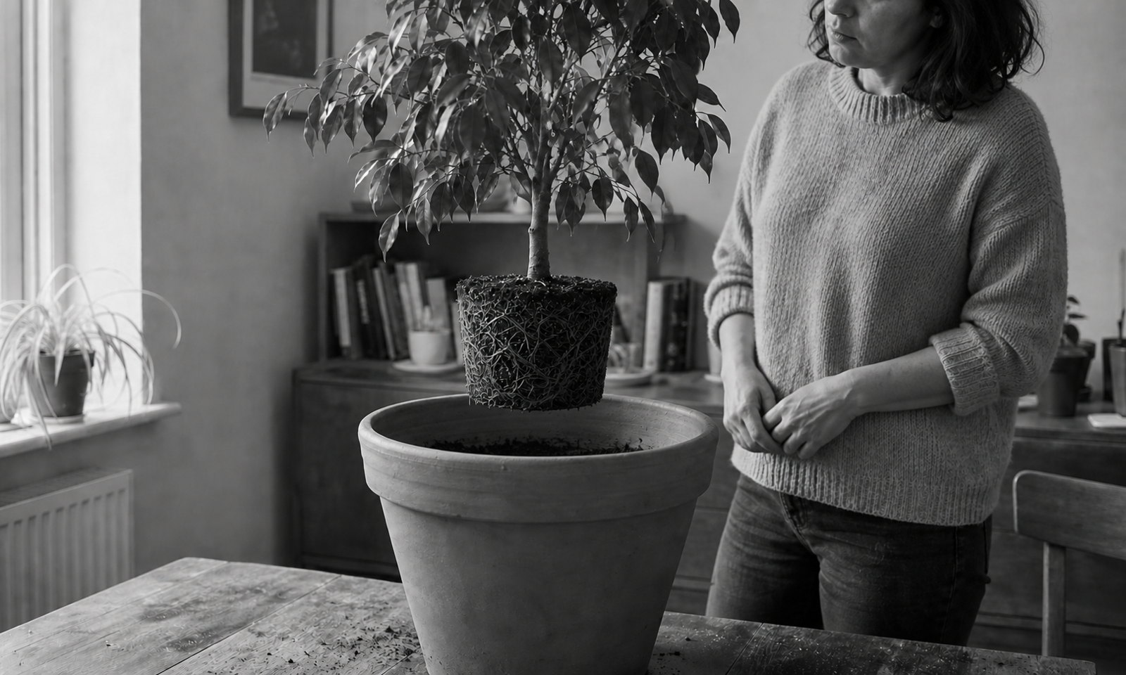A woman stands beside a healthy indoor tree whose compact cylindrical root ball hangs unsupported above a much larger, empty terracotta pot.