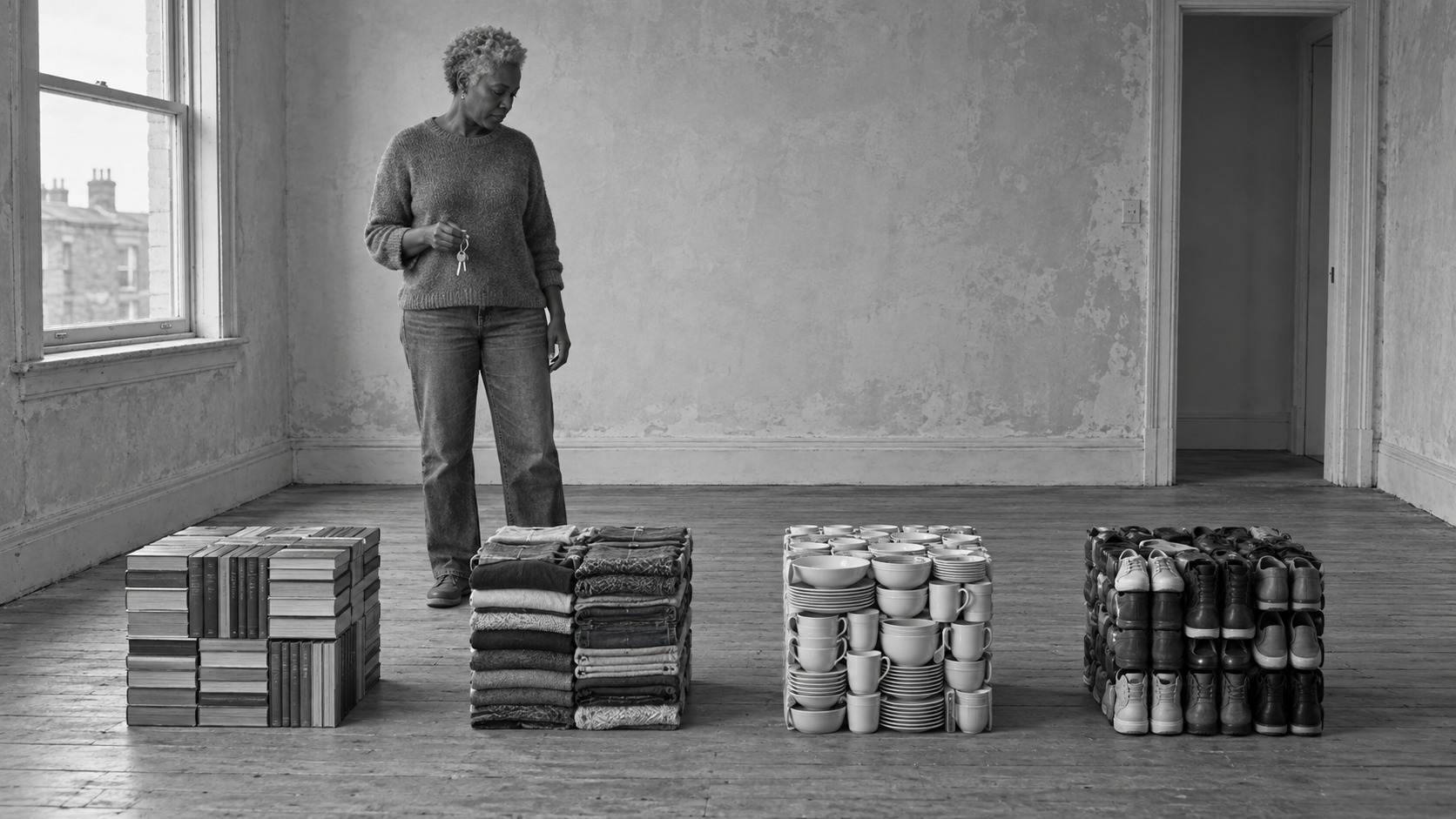 A woman holding keys stands in a bare room. On the floor are four tight blocks of belongings: books, folded clothes, crockery and shoes, each still in the shape of the box it came out of.