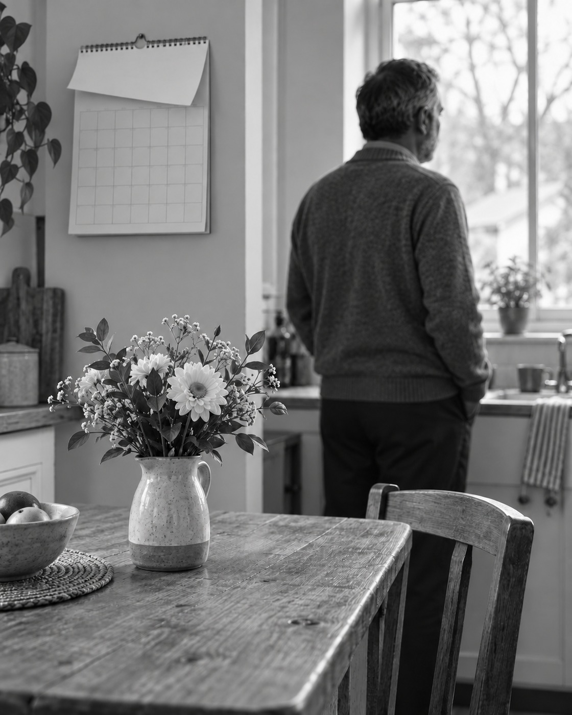 A man stands at a kitchen window with his back to a vase of fresh flowers and a newly turned, blank calendar on the wall.